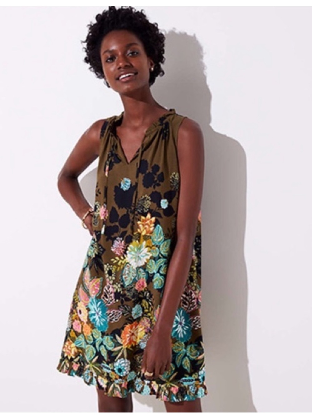 LOFT sleeveless floral olive green tie neck dress, XSP